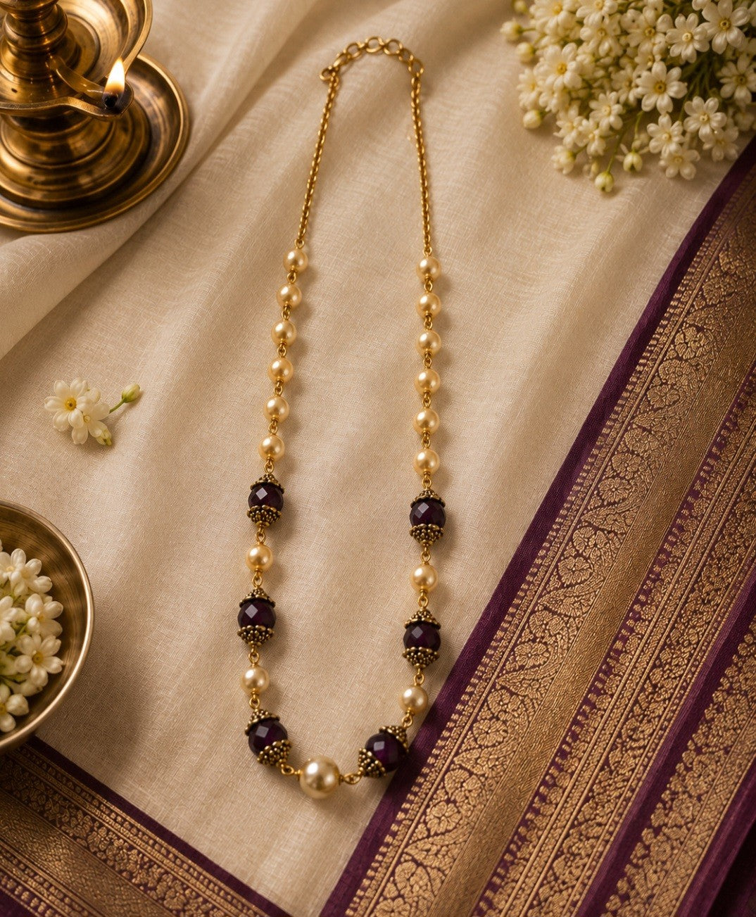 Handcrafted Pearl and Stone Chain – Antique Gold Finish (Premium Quality)