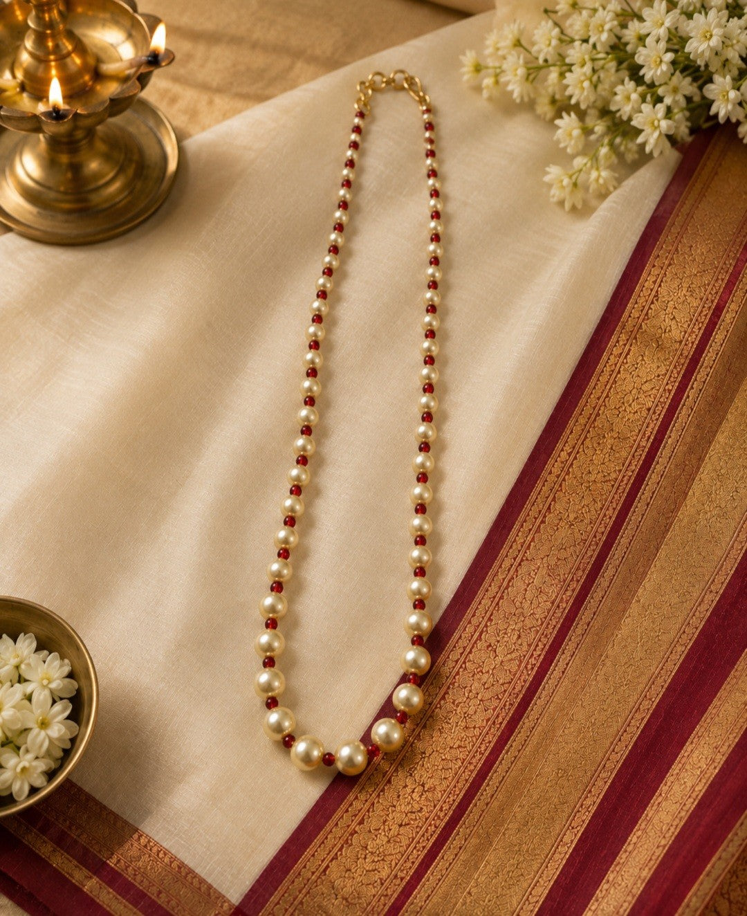 Handcrafted Pearl and  Stone Chain – Antique Gold Finish (Premium Quality)
