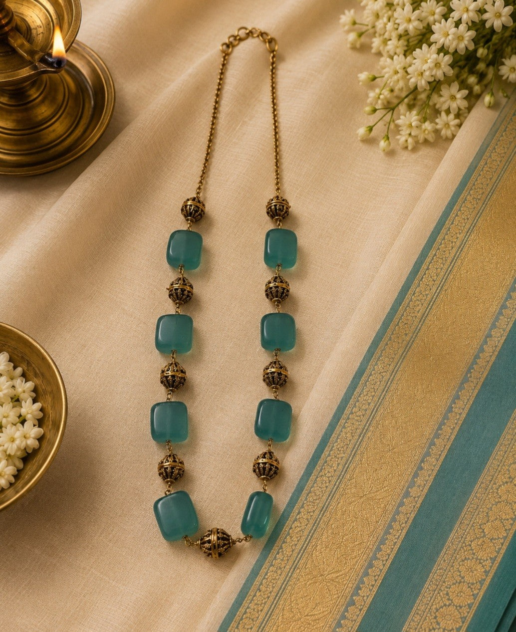 Handcrafted Pearl and Green Stone Necklace – Antique Gold Finish (Premium Quality)