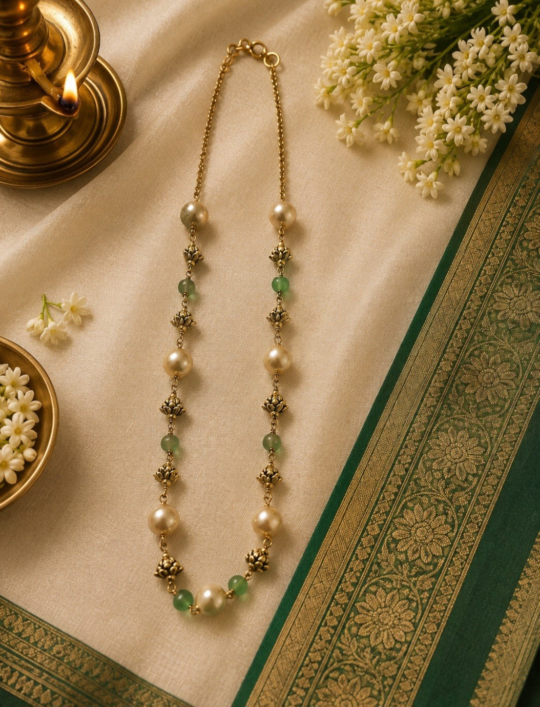 Handcrafted Pearl and Stone Necklace – Antique Gold Finish (Premium Quality)