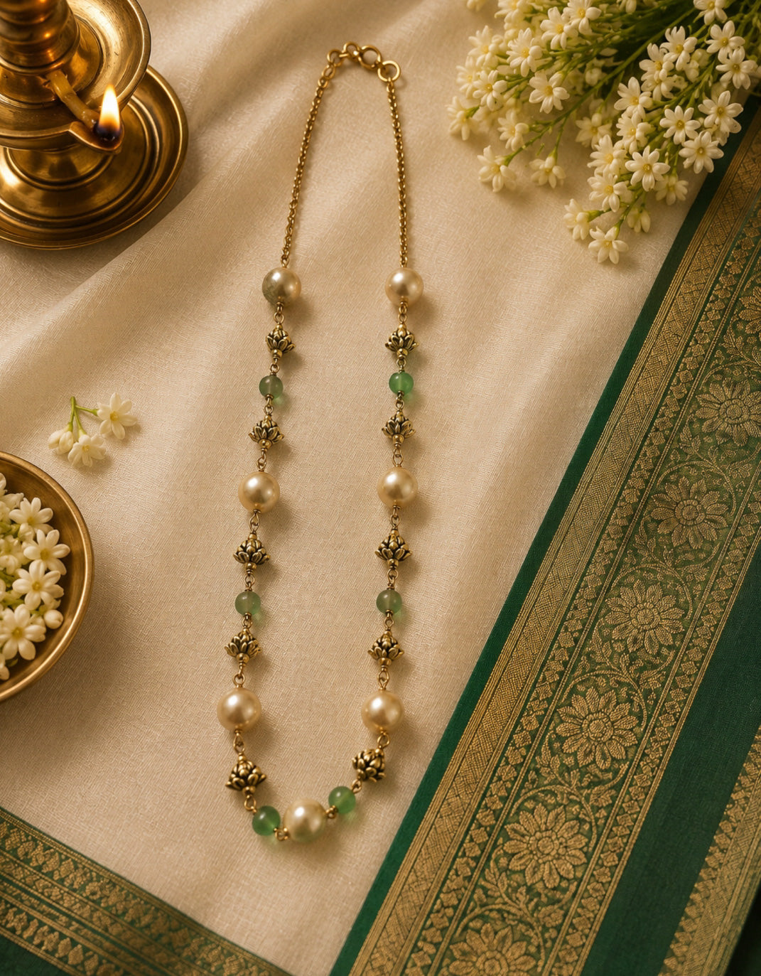 Handcrafted Pearl and  Stone Necklace – Elegant Long Chain (Premium Quality)