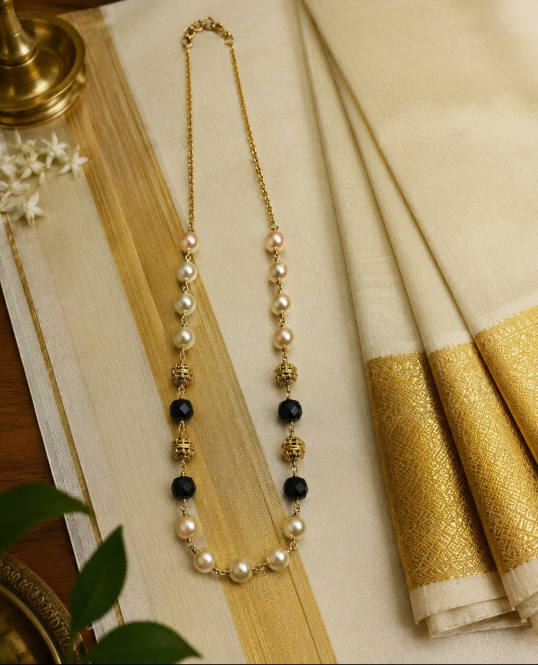Handcrafted Pearl and Stone Necklace – Elegant Long Chain (Premium Quality)